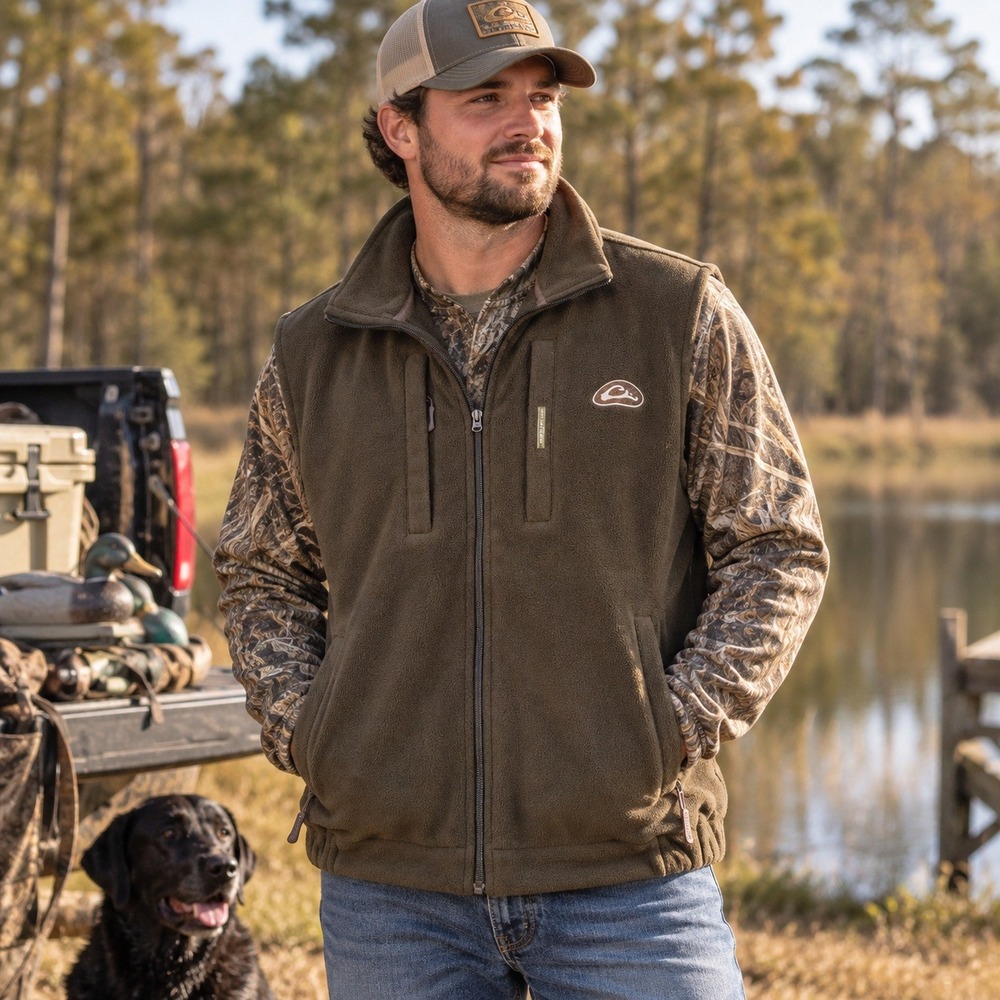 Drake Waterfowl Systems Fleece Hunting Vest Full Zip Olive Brown Men's Large